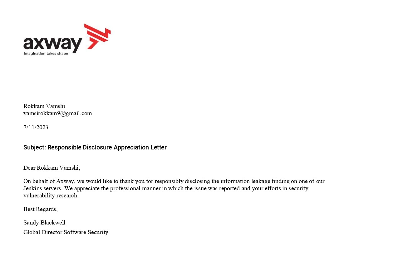 Letter of Appreciation from Axway